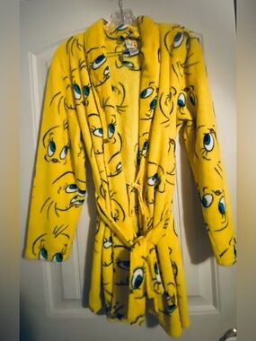 Y2K Warner Brothers Yellow Tweety Bird Fleece Robe - Cozy Cartoon Bathrobe